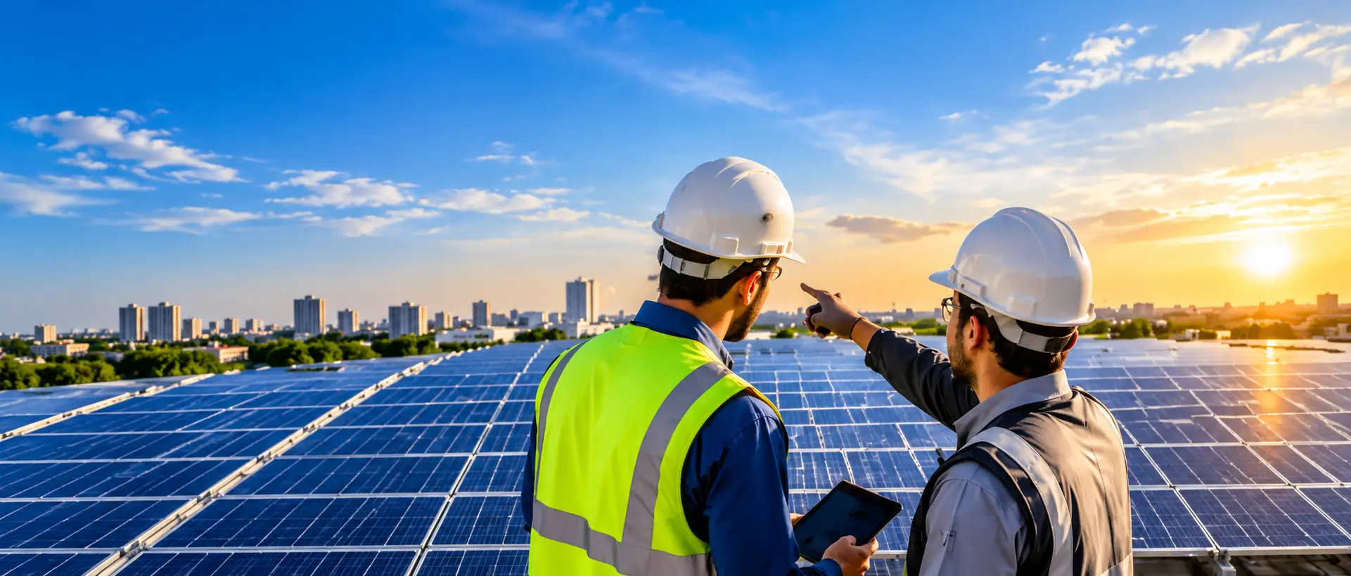 Solar panels at sunset
